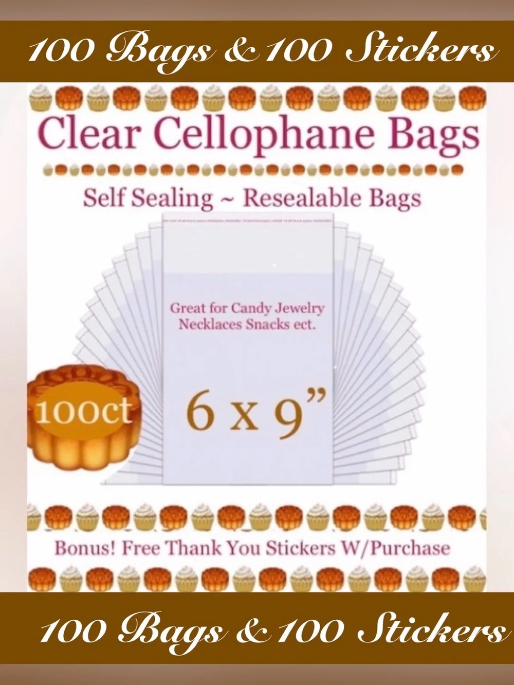 100ct ~6’x9’ Crystal Clear Cello Bags w/100ct Free Thank-You Stickers 🍃🆕🍃